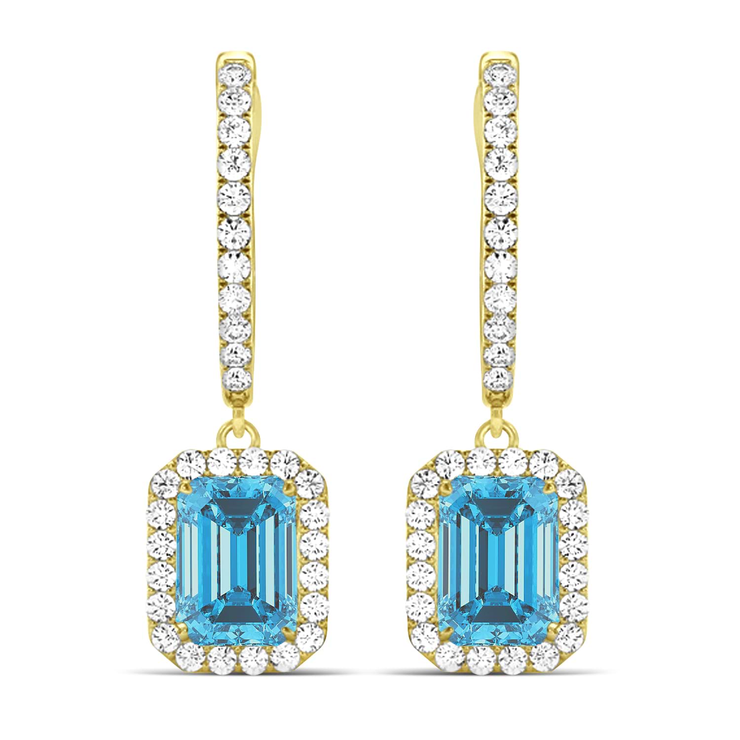 Emerald Shape Blue Topaz & Diamond Halo Dangling Earrings 14k Yellow Gold (1.80ct)