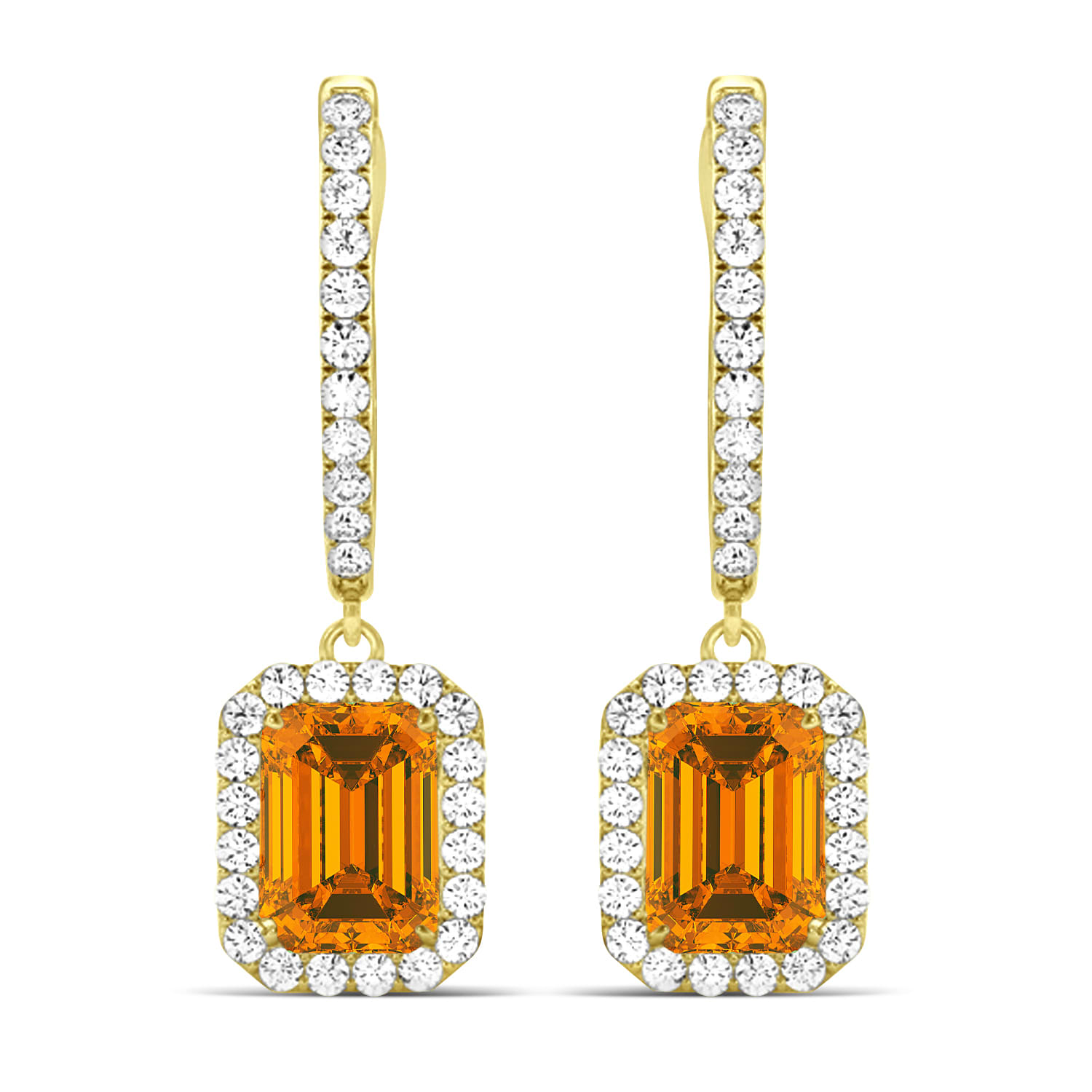 Emerald Shape Citrine & Diamond Halo Dangling Earrings 14k Yellow Gold (1.60ct)