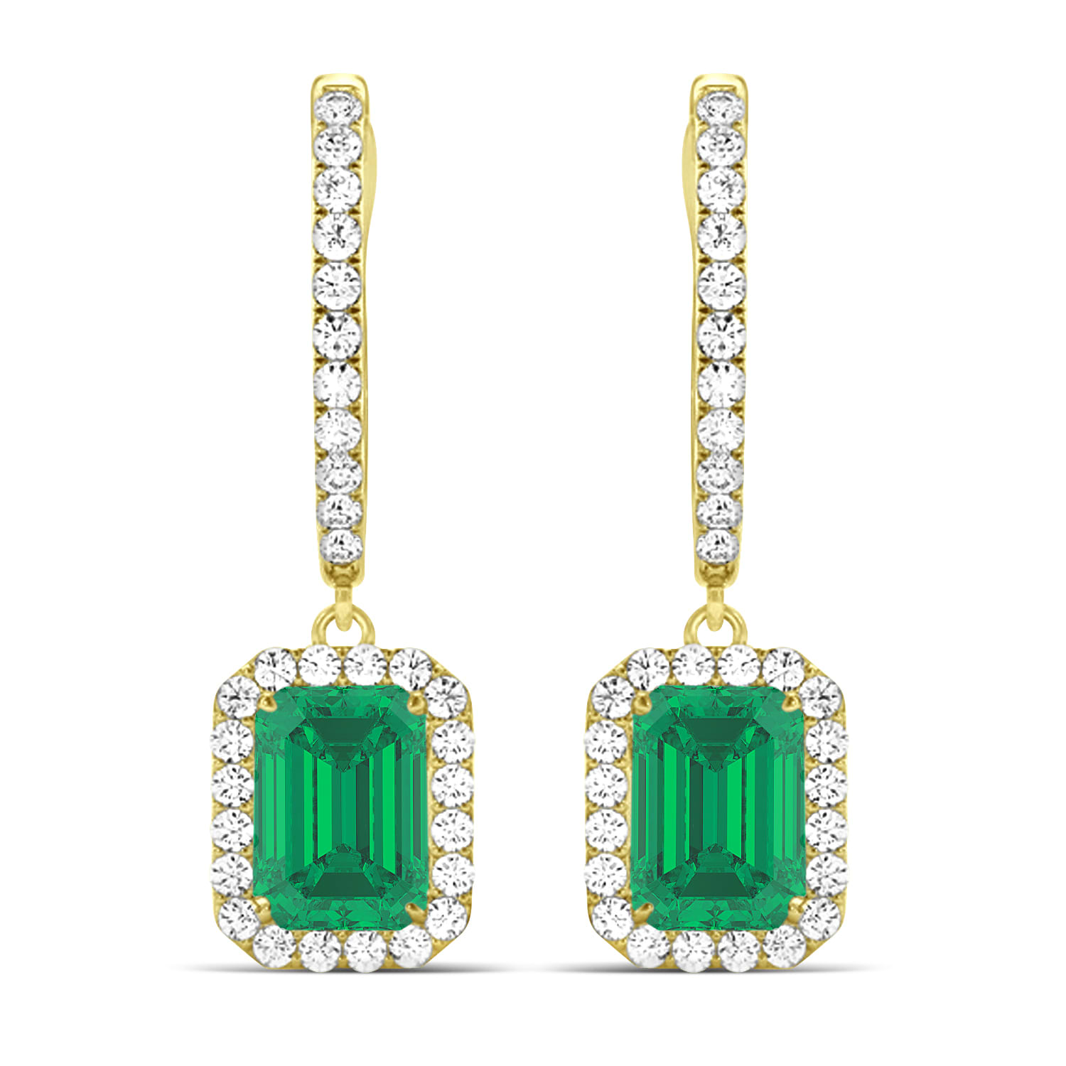 Emerald Shape Lab Emerald & Diamond Halo Dangling Earrings 14k Yellow Gold (1.70ct)