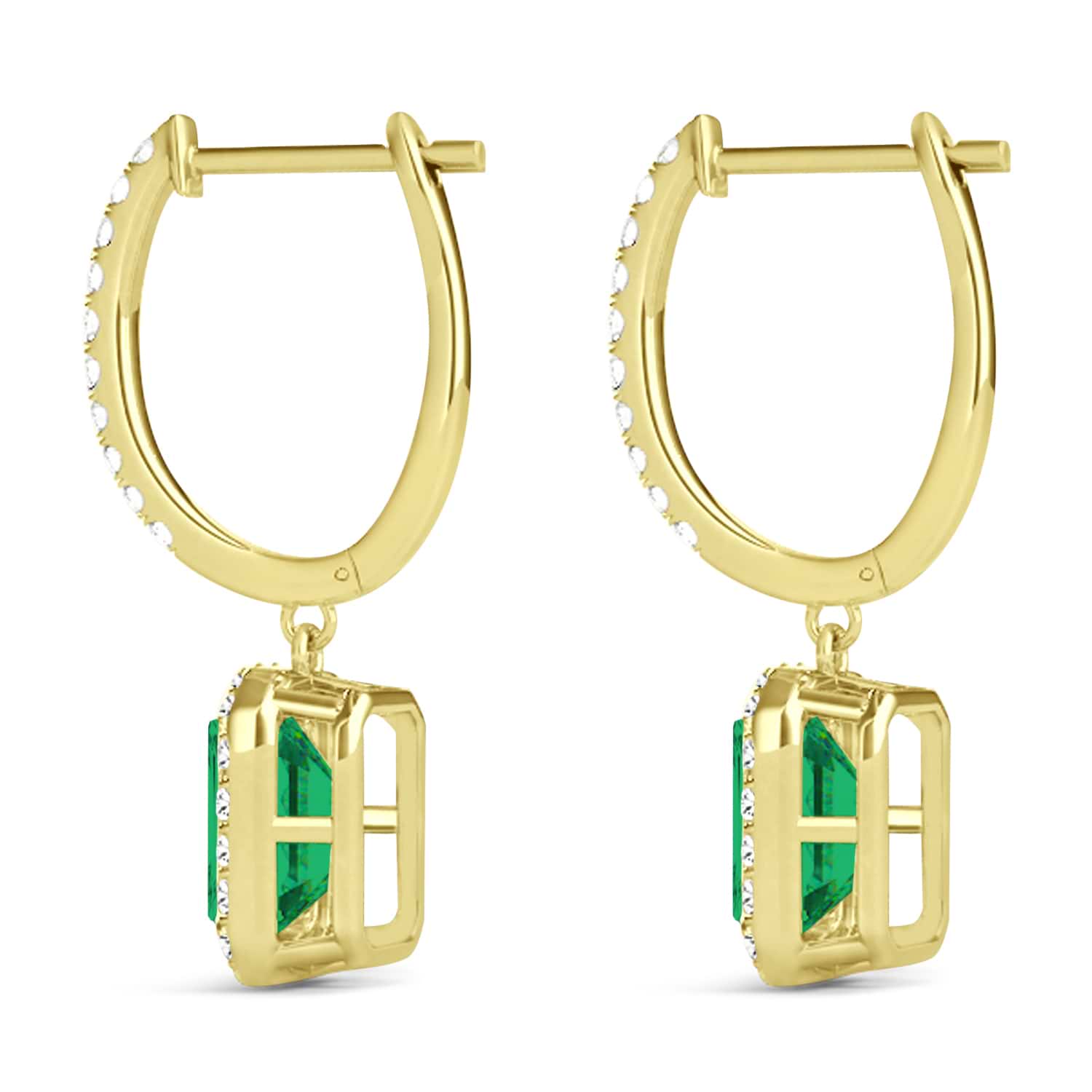 Emerald Shape Emerald & Diamond Halo Dangling Earrings 14k Yellow Gold (1.70ct)