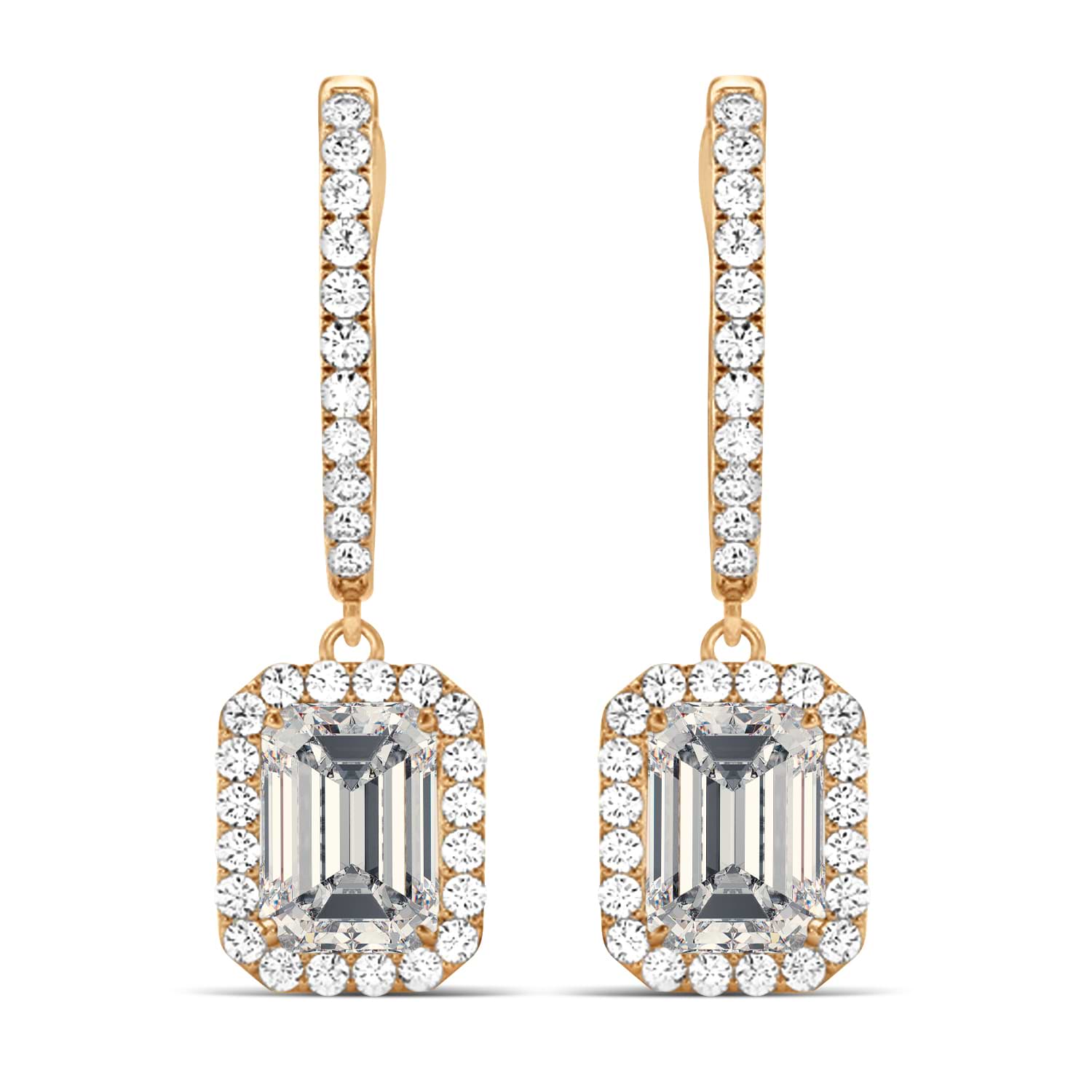 Emerald Shape Moissanite & Diamond Halo Dangling Earrings 14k Rose Gold (1.56ct)