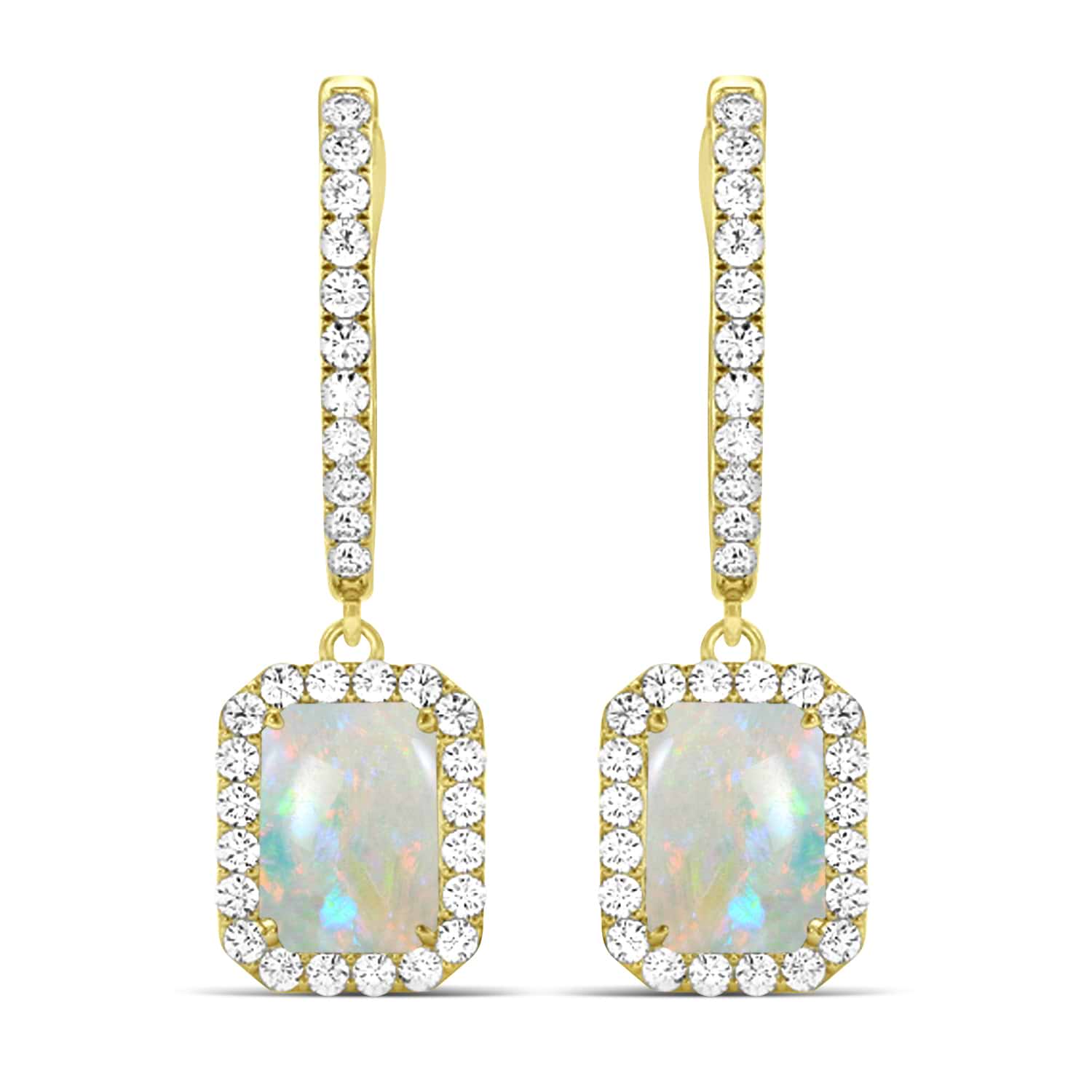 Emerald Shape Opal & Diamond Halo Dangling Earrings 14k Yellow Gold (2.10ct)