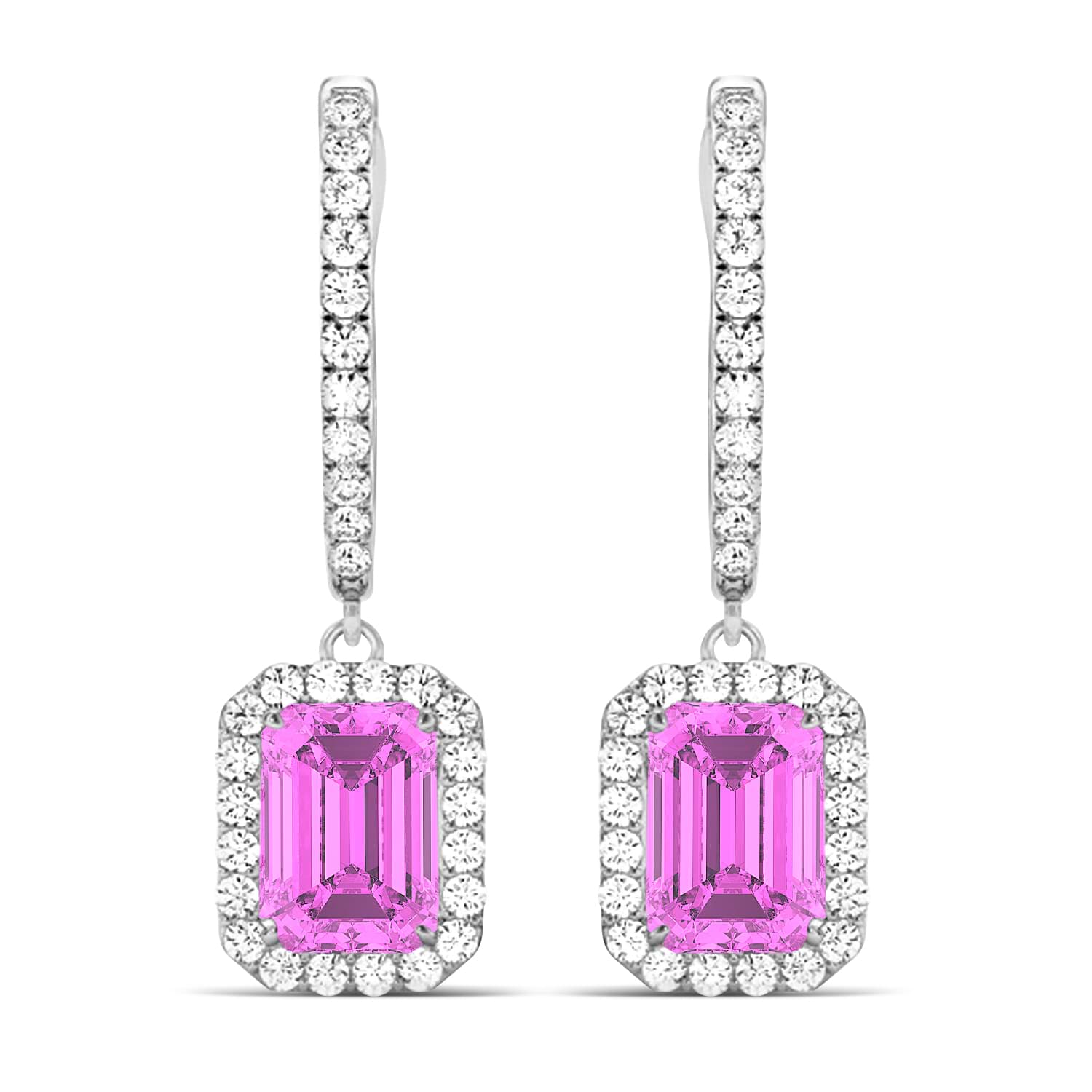 Emerald Shape Lab Pink Sapphire & Diamond Halo Dangling Earrings 14k White Gold (1.90ct)