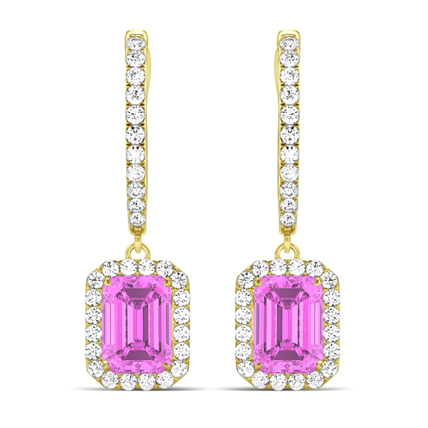 Emerald Shape Pink Sapphire & Diamond Halo Dangling Earrings 14k Yellow Gold (1.90ct)