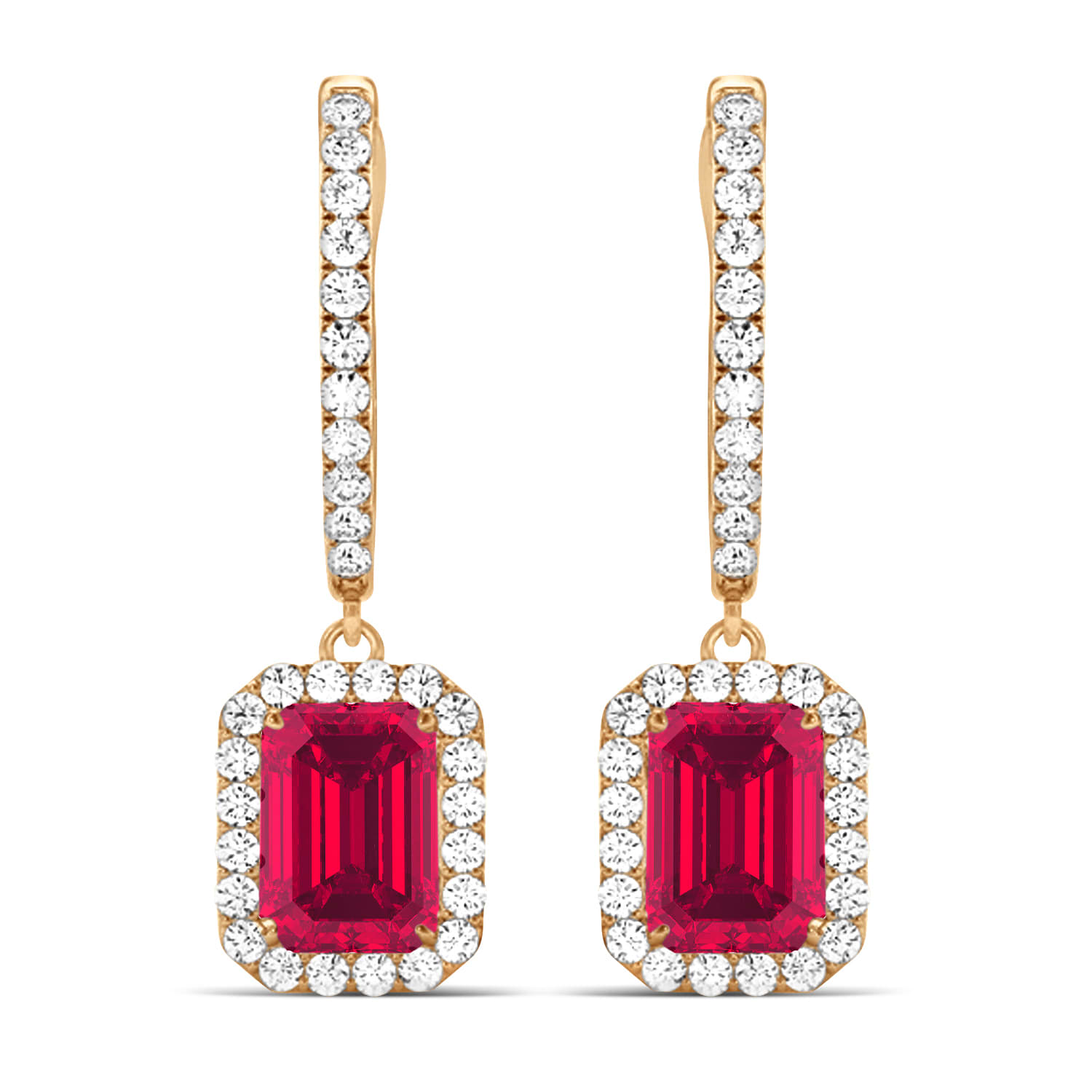 Emerald Shape Ruby & Diamond Halo Dangling Earrings 14k Rose Gold (1.90ct)