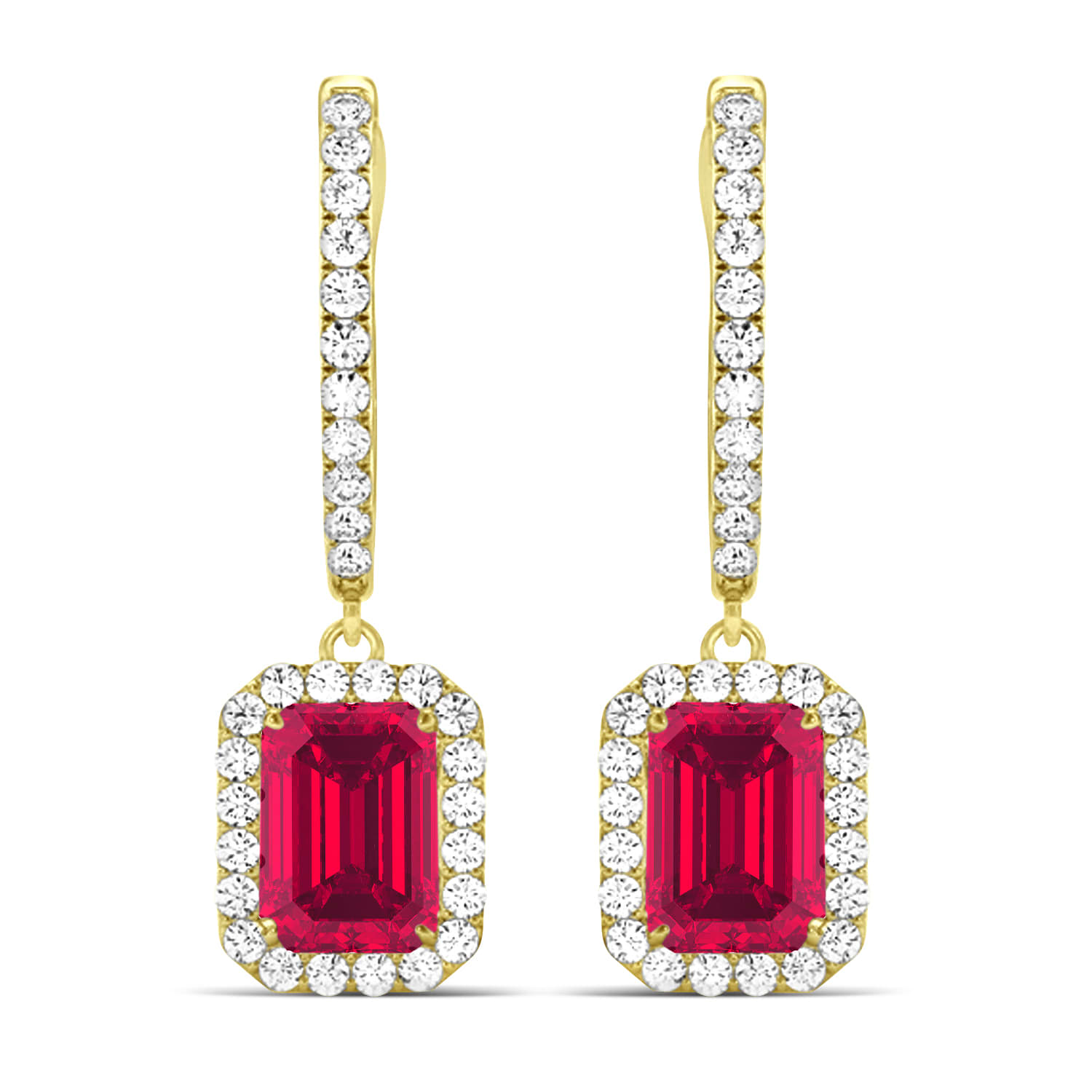 Emerald Shape Ruby & Diamond Halo Dangling Earrings 14k Yellow Gold (1.90ct)