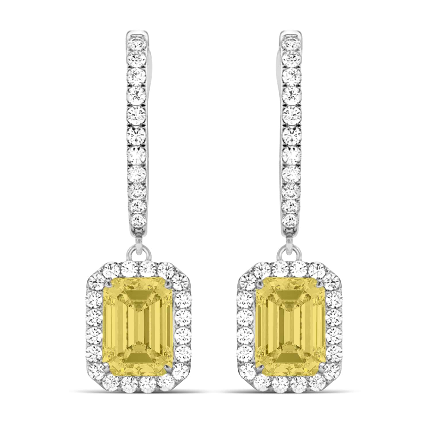 Emerald Shape Yellow Diamond & Diamond Halo Dangling Earrings 14k White Gold (1.50ct)