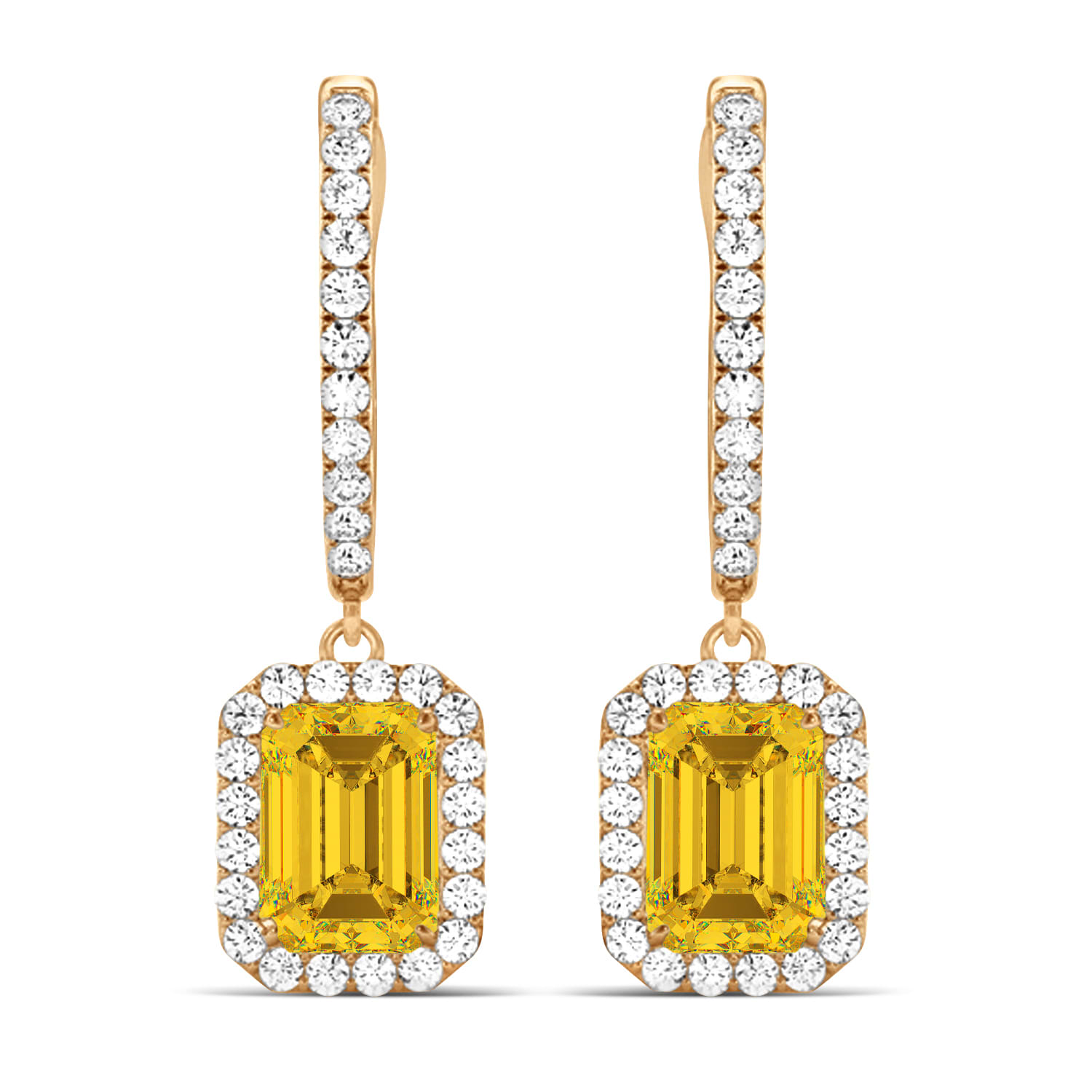 Emerald Shape Yellow Sapphire & Diamond Halo Dangling Earrings 14k Rose Gold (1.90ct)