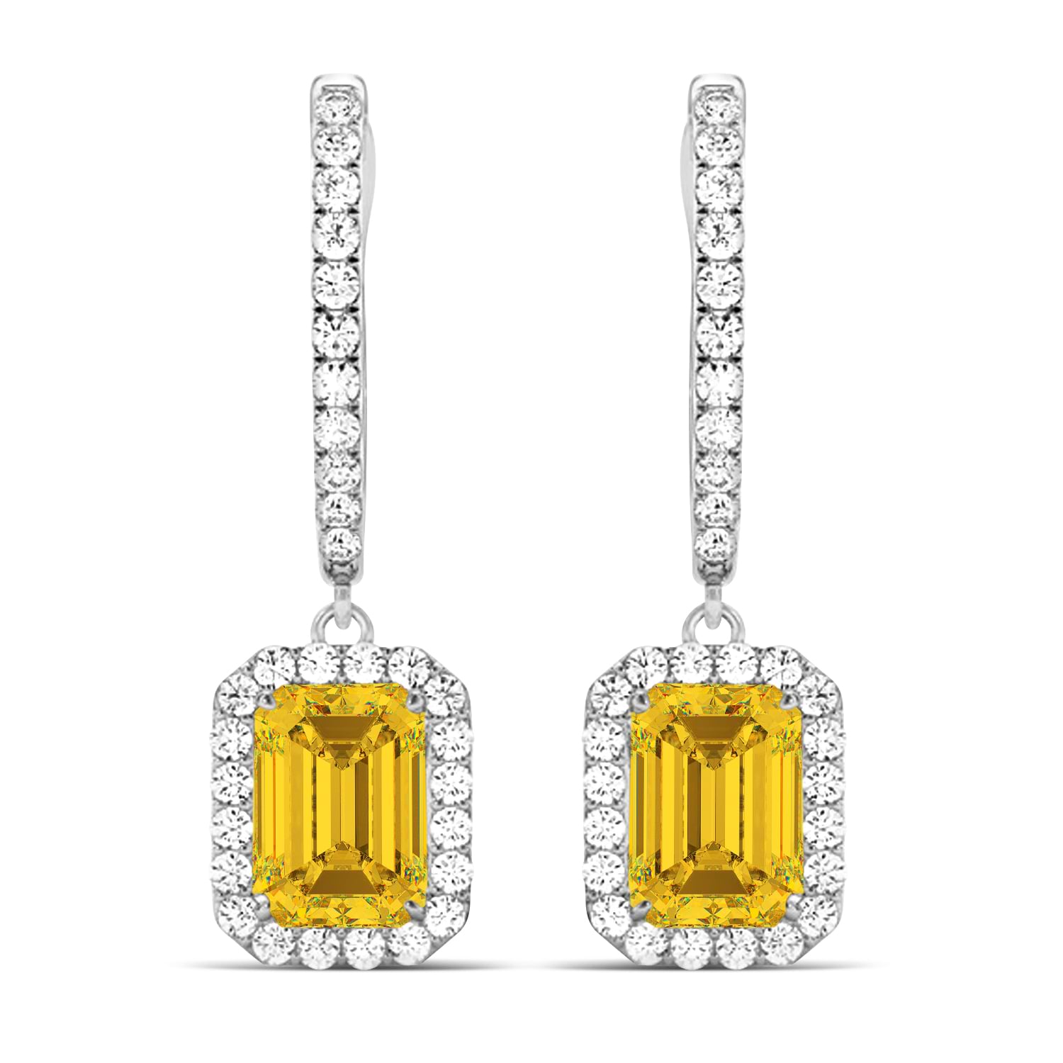 Emerald Shape Yellow Sapphire & Diamond Halo Dangling Earrings 14k White Gold (1.90ct)