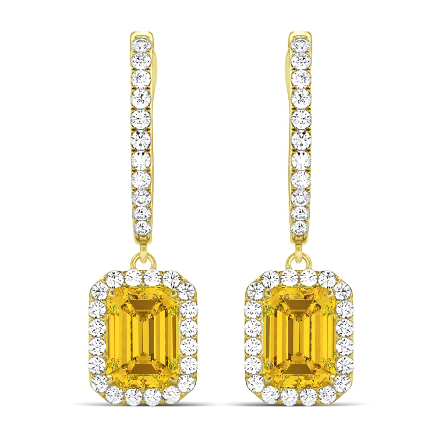 Emerald Shape Yellow Sapphire & Diamond Halo Dangling Earrings 14k Yellow Gold (1.90ct)