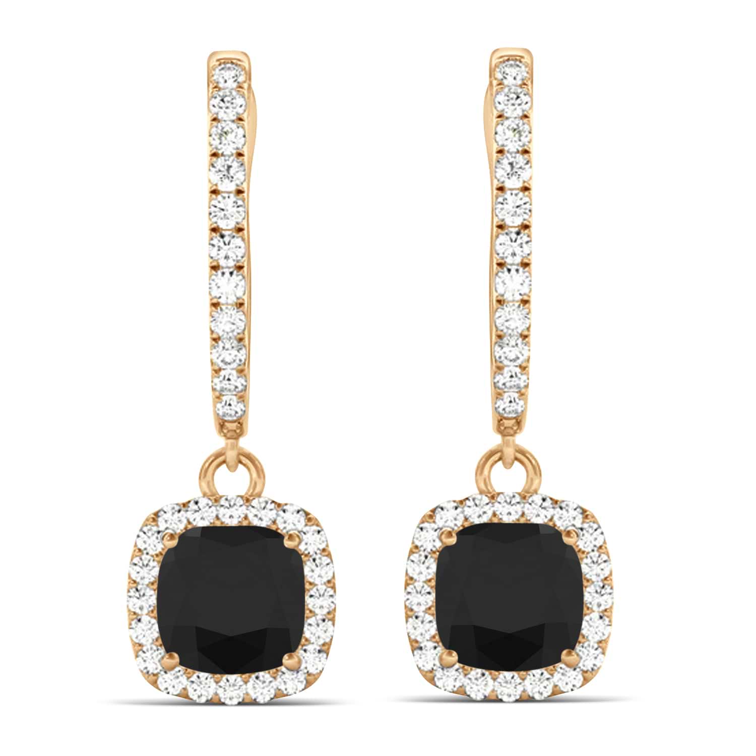 Cushion Shape Black Diamond & Diamond Halo Dangling Earrings 14k Rose Gold (2.18ct)