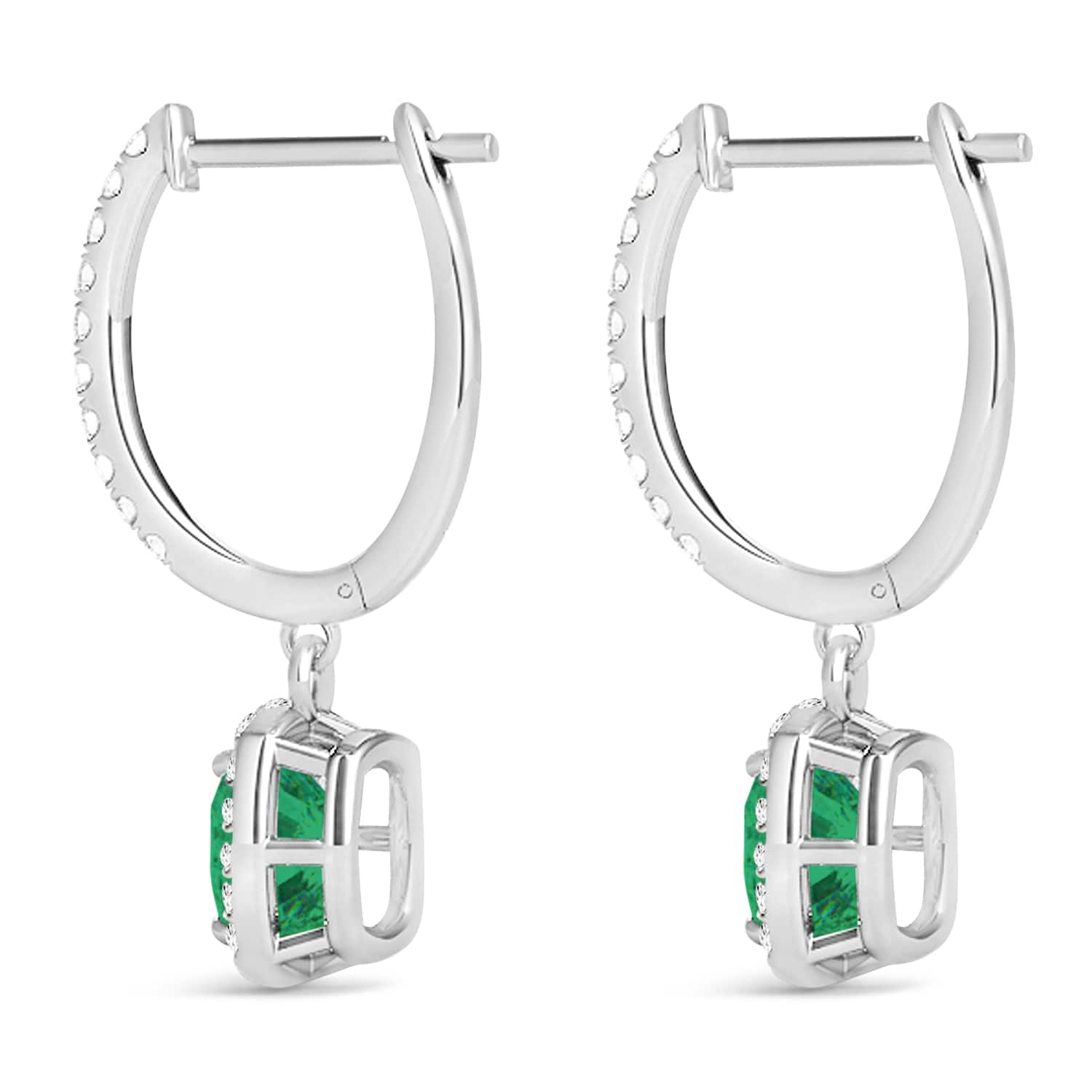 Cushion Emerald & Diamond Halo Dangling Earrings 14k White Gold (2.70ct)