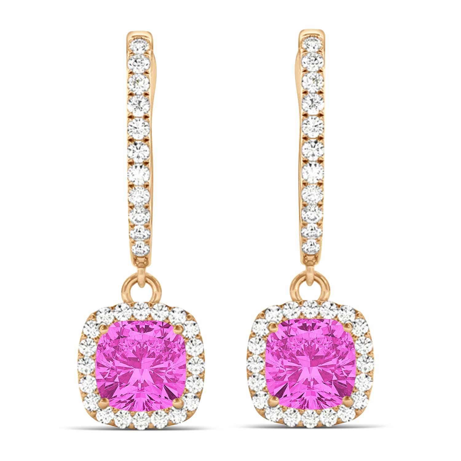 Cushion Lab Pink Sapphire & Lab Diamond Halo Dangling Earrings 14k Rose Gold (2.70ct)