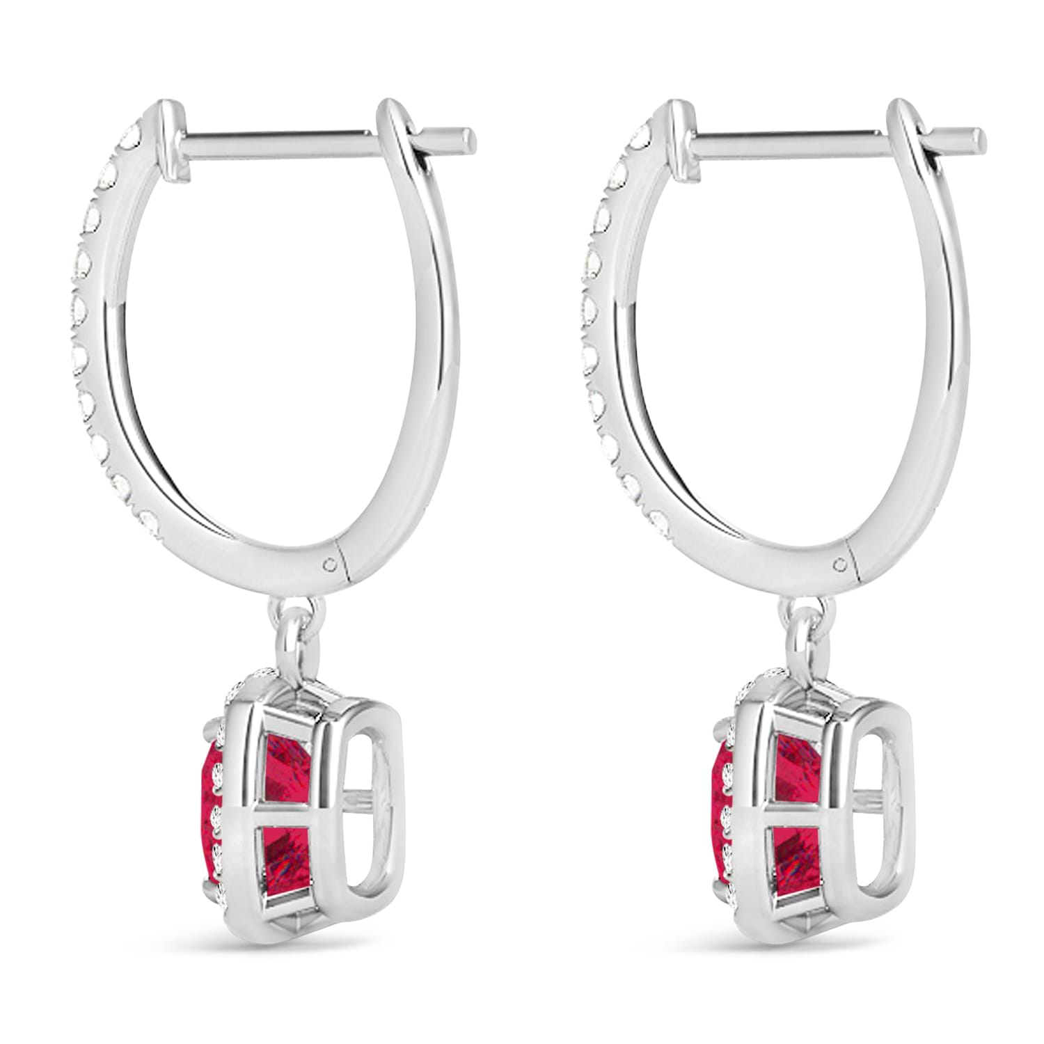 Cushion Ruby & Diamond Halo Dangling Earrings 14k White Gold (3.40ct)