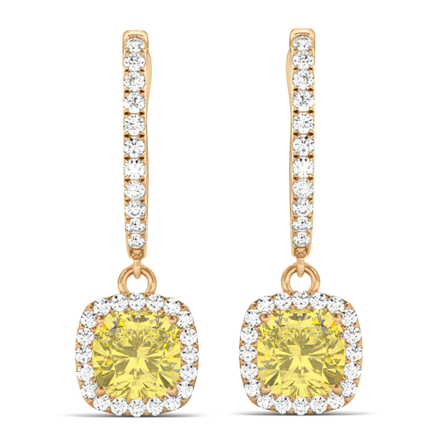 Cushion Shape Yellow Diamond & Diamond Halo Dangling Earrings 14k Rose Gold (2.18ct)