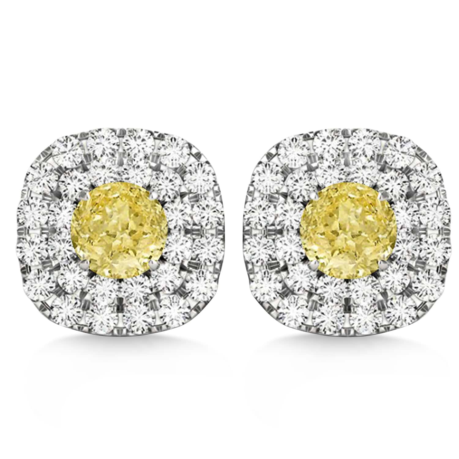Double Halo Yellow & White Diamond Earrings 14k White Gold (1.36ct)