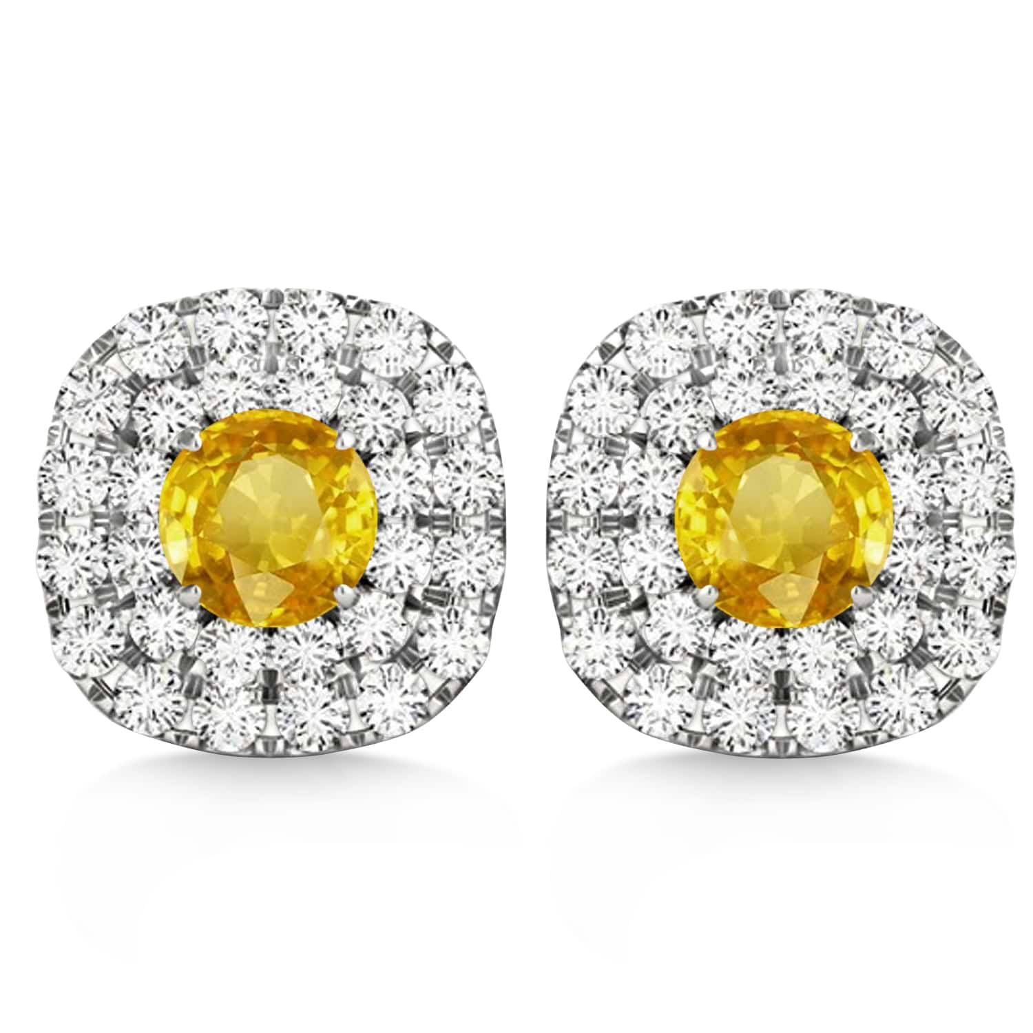 Double Halo Yellow Sapphire & Diamond Earrings 14k White Gold (1.36ct)
