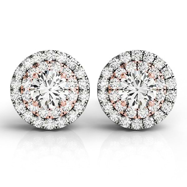 Round Cut Double Halo Diamond Stud Earrings 14k Two Tone Gold (1.00ct)