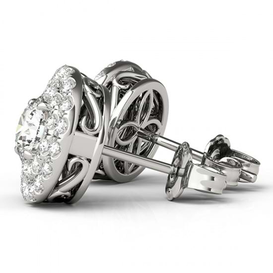 Round Cut Double Halo Diamond Stud Earrings 14k White Gold (1.00ct)