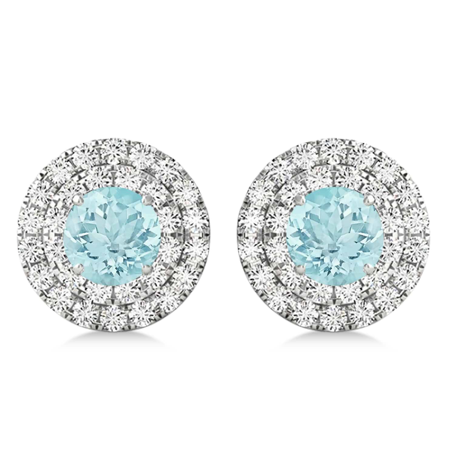 Round Double Halo Diamond & Aquamarine Earrings 14k White Gold 1.35ct