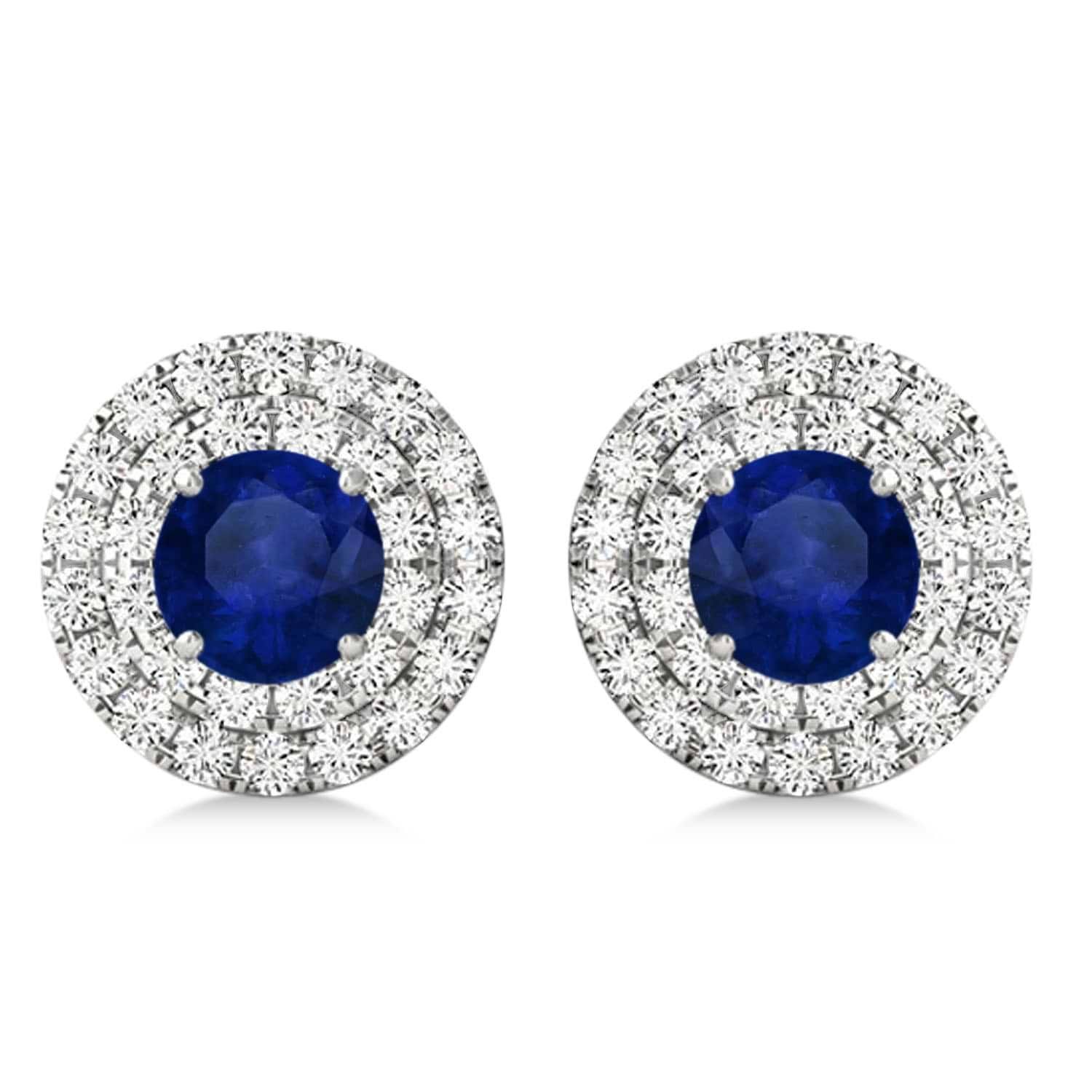 Round Double Halo Diamond & Blue Sapphire Earrings 14k White Gold 1.65ct