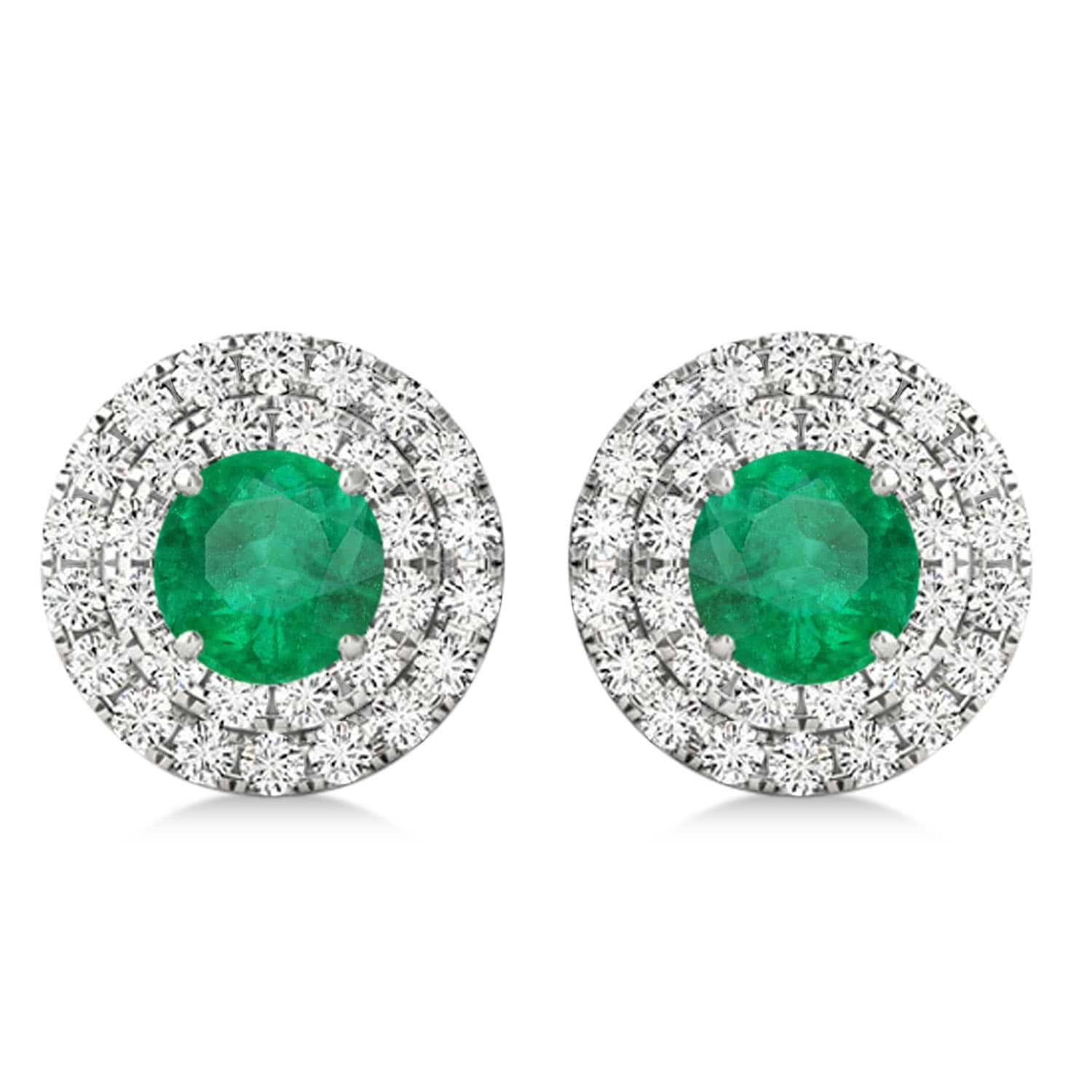 Round Double Halo Diamond & Emerald Earrings 14k White Gold 1.41ct