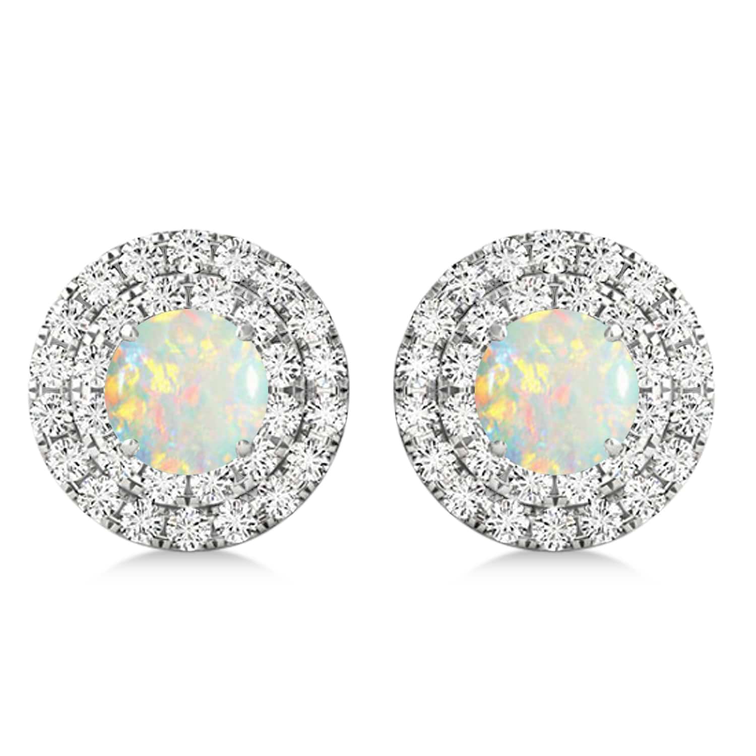 Round Double Halo Diamond & Opal Earrings 14k White Gold 1.13ct