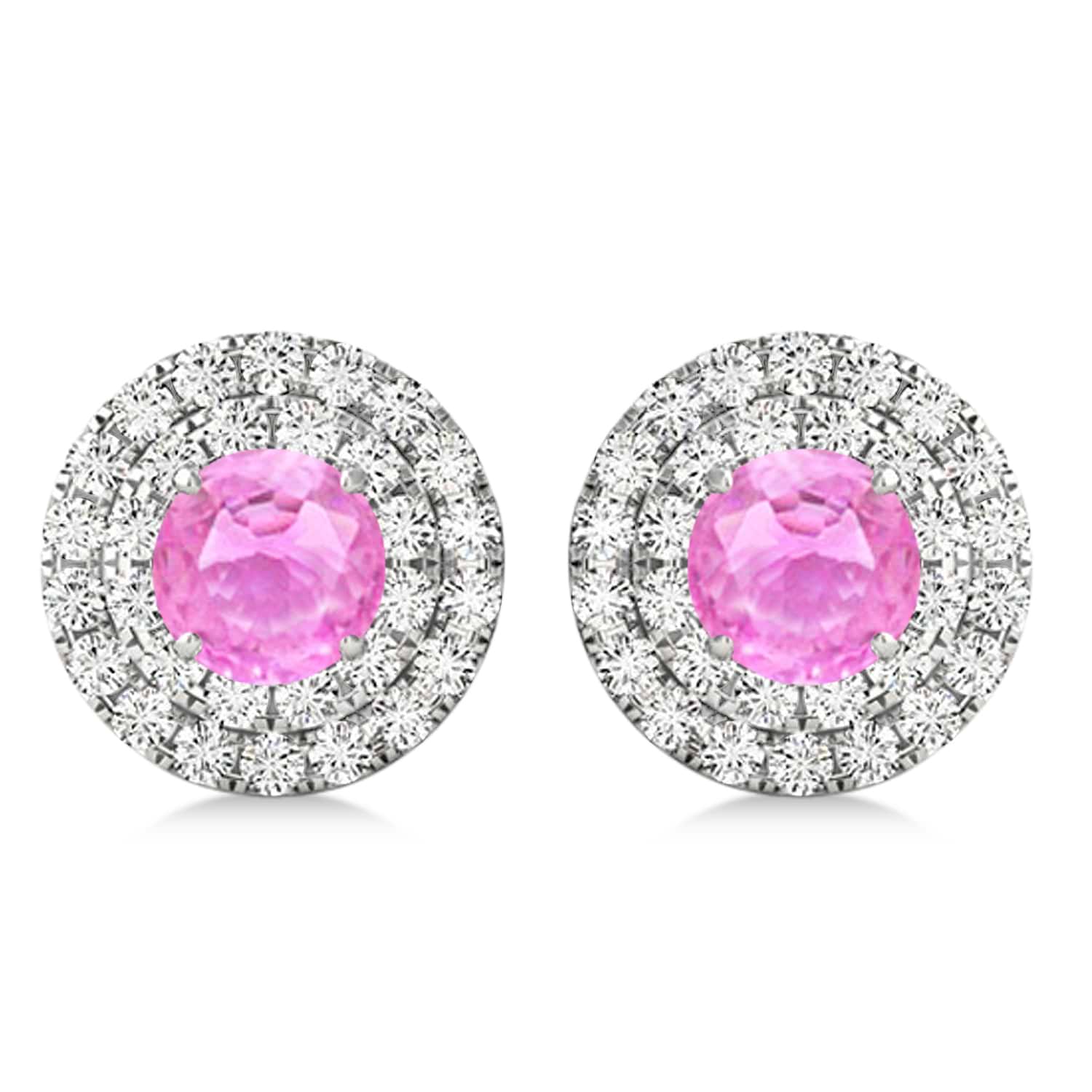 Round Double Halo Diamond & Pink Sapphire Earrings 14k White Gold 1.65ct