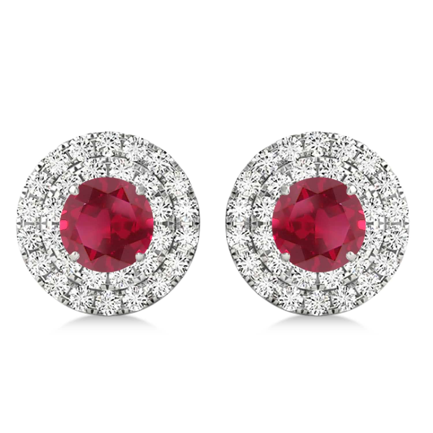 Round Double Halo Diamond & Ruby Earrings 14k White Gold 1.65ct