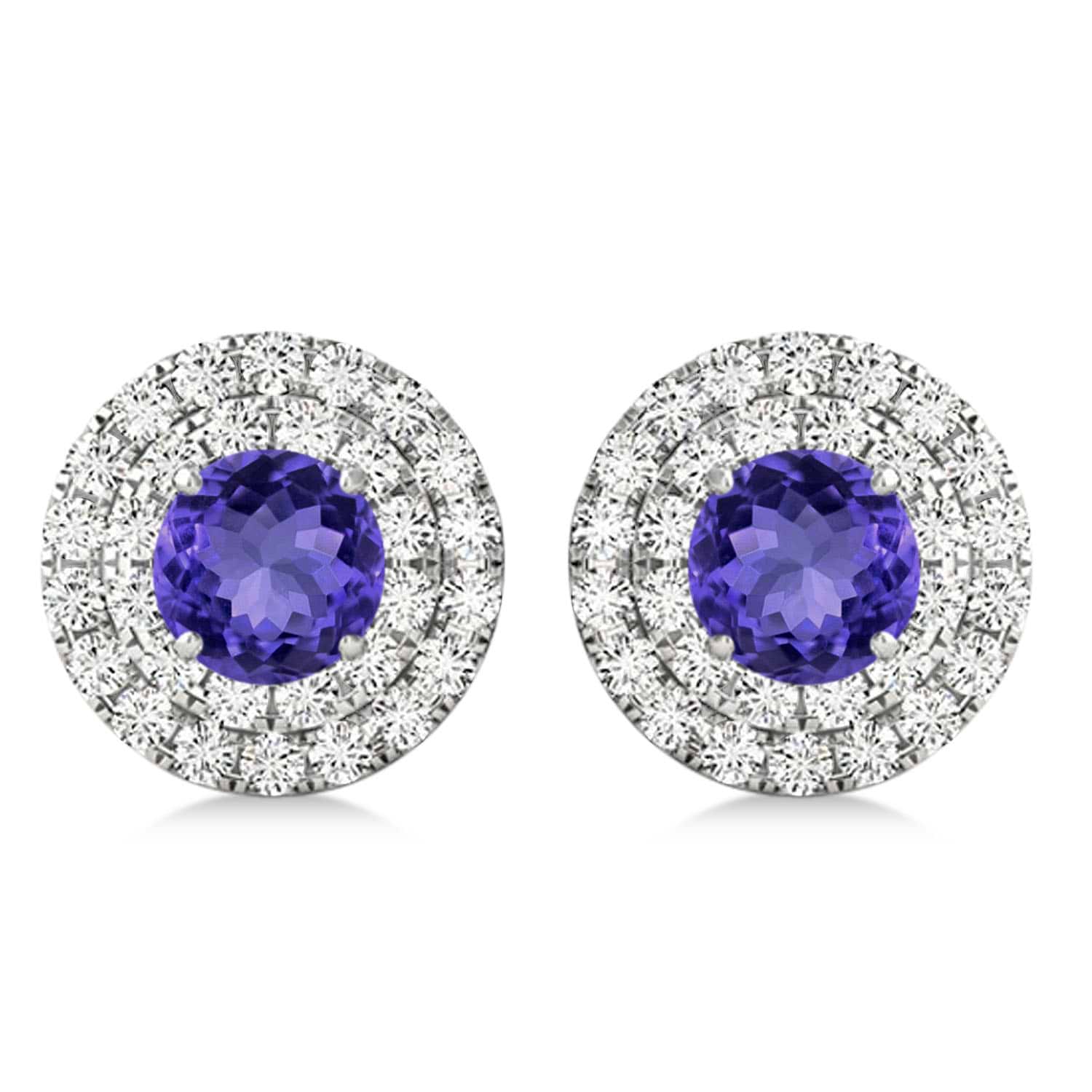 Round Double Halo Diamond & Tanzanite Earrings 14k White Gold 1.65ct