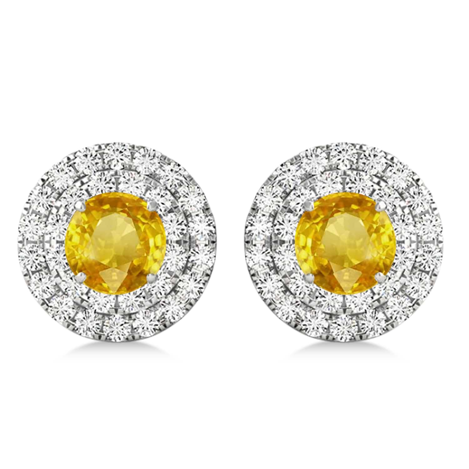Round Double Halo Diamond & Yellow Sapphire Earrings 14k White Gold 1.65ct