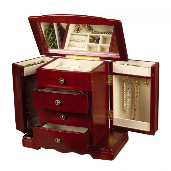 Wooden Musical Jewelry Box, Antique Finish, Interior Mirror, Jewel Case