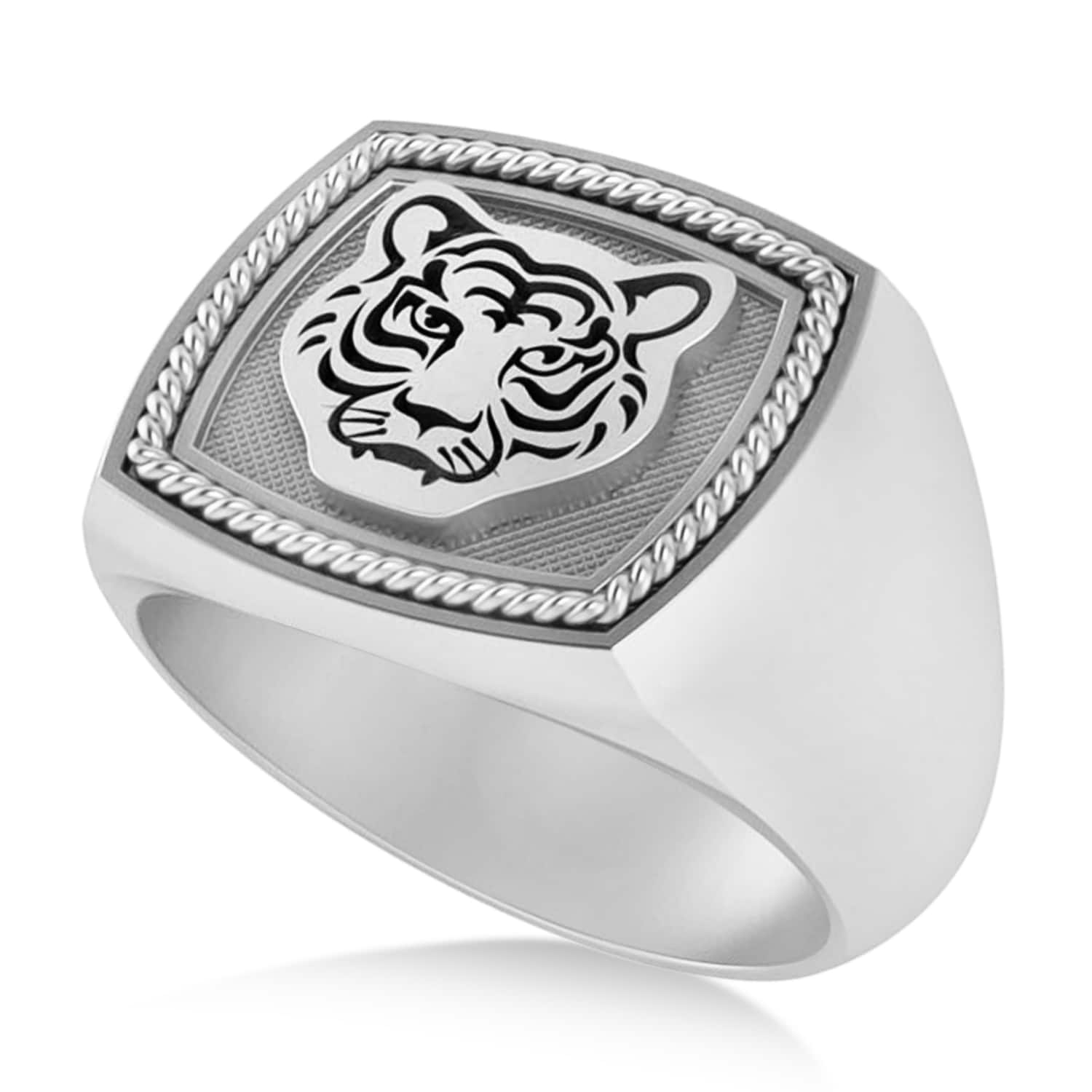 Tiger's Face Shaped Gents Ring 14k White Gold