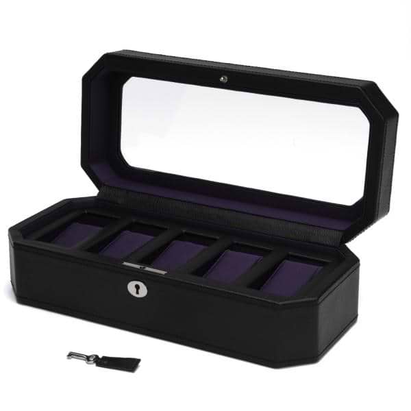 WOLF Windsor Five Piece Watch Box in Black/Purple Faux Leather