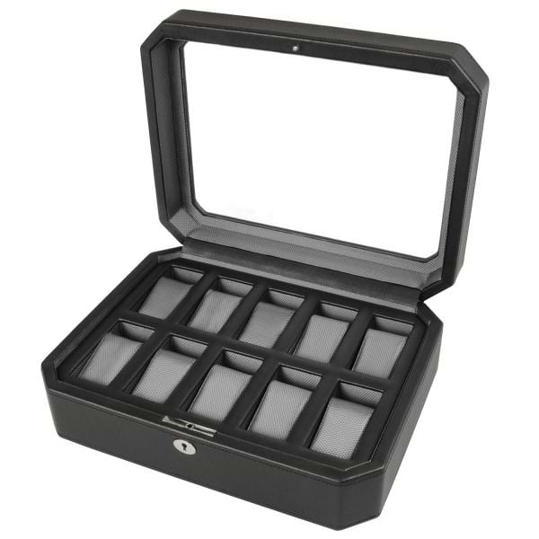 WOLF Windsor Ten Piece Watch Box in Black Faux Leather