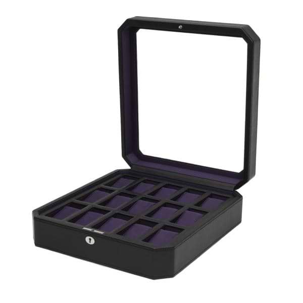 WOLF Windsor Fifteen Piece Watch Box in Black/Purple Faux Leather