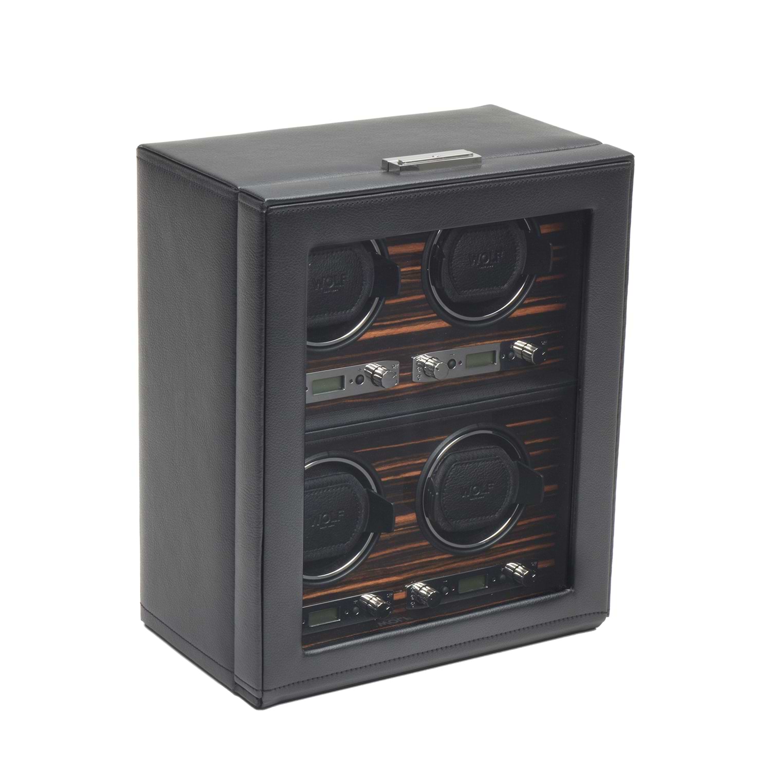 WOLF Roadster Men's 4 Watch Winder in Faux Leather w/ Glass Cover & Key Lock Closure