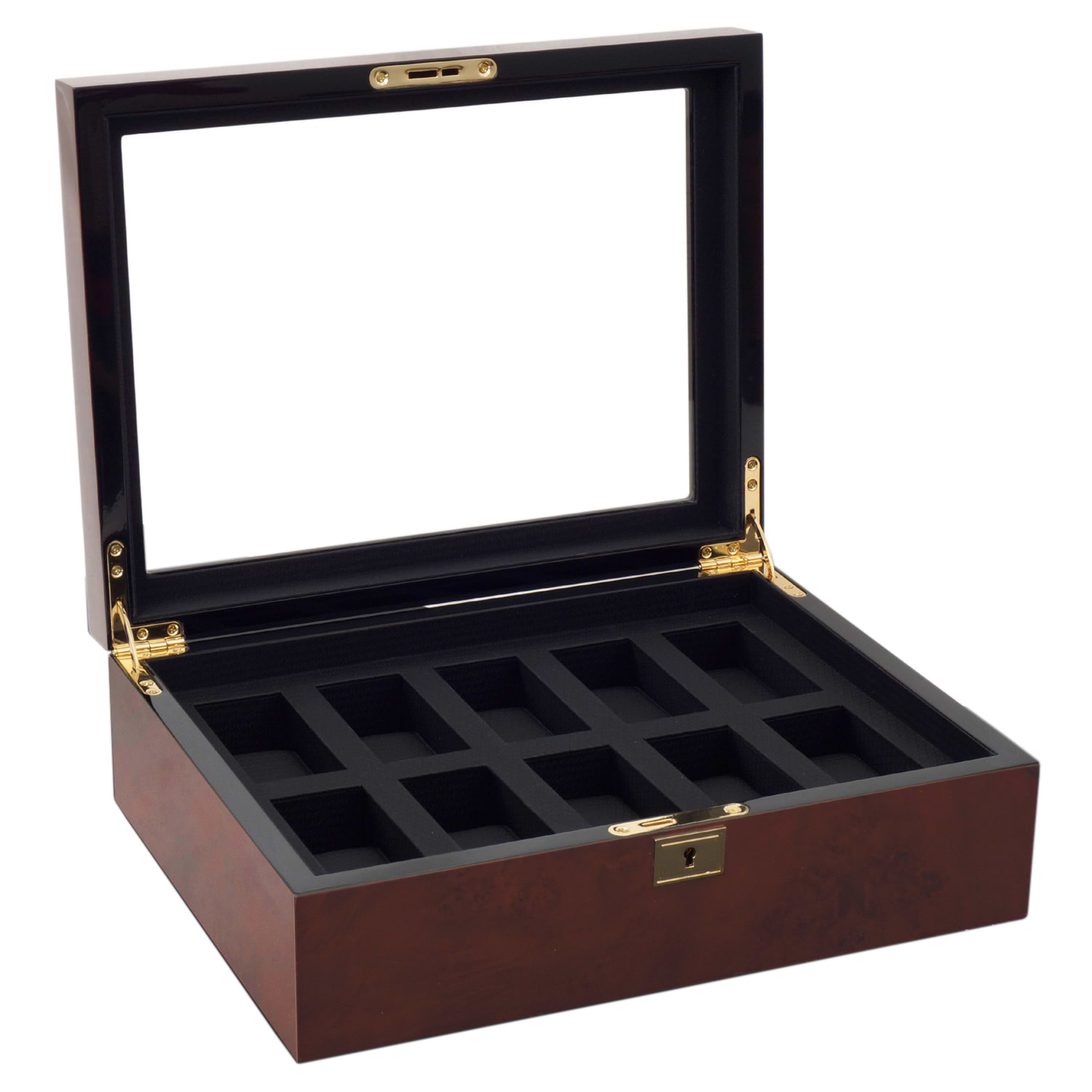 WOLF Savoy Men's Glass Top, 10 Compartment Wooden Watch Box w/ Key Lock 2 Colors