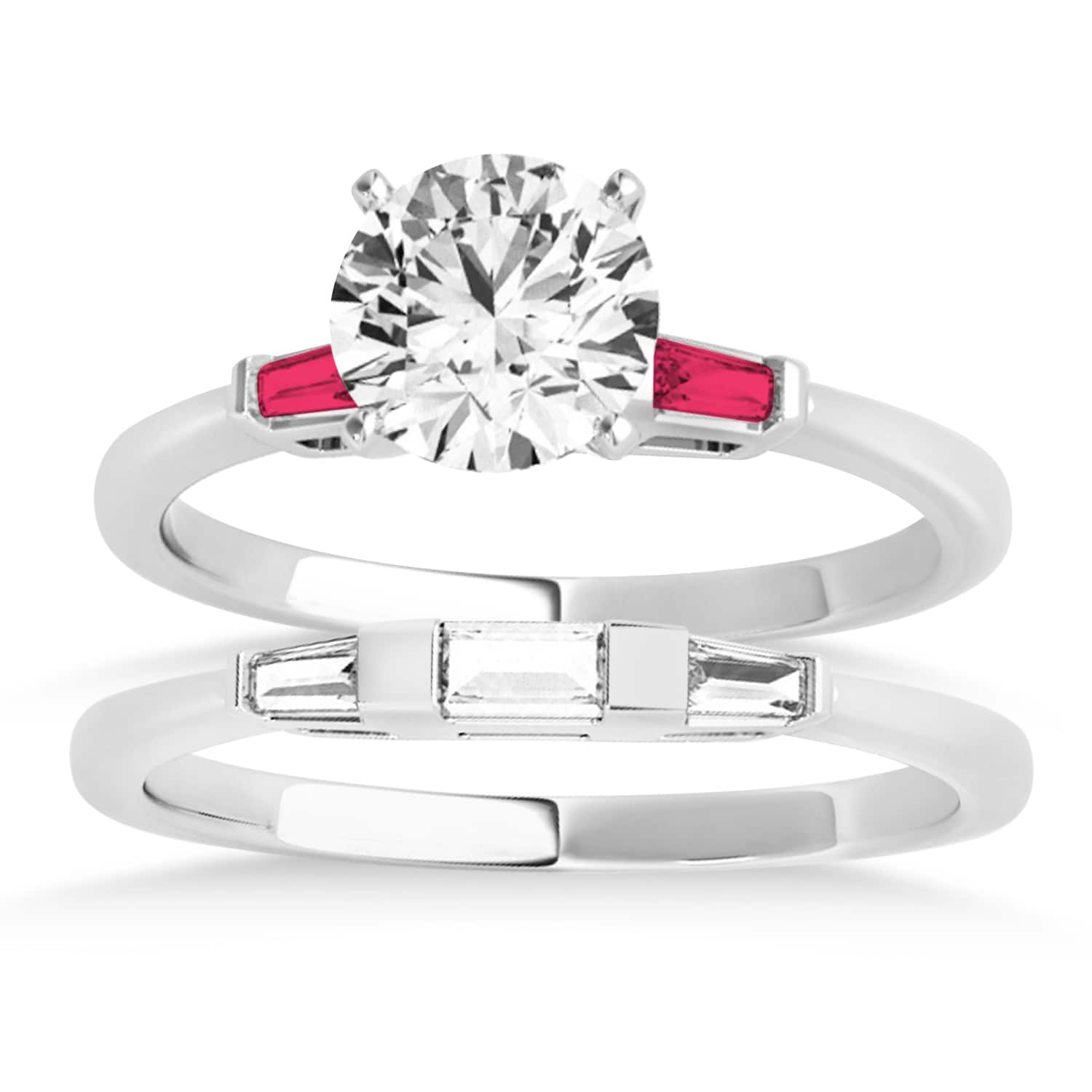 Tapered Baguette 3-Stone Ruby Bridal Set 14k White Gold (0.30ct)