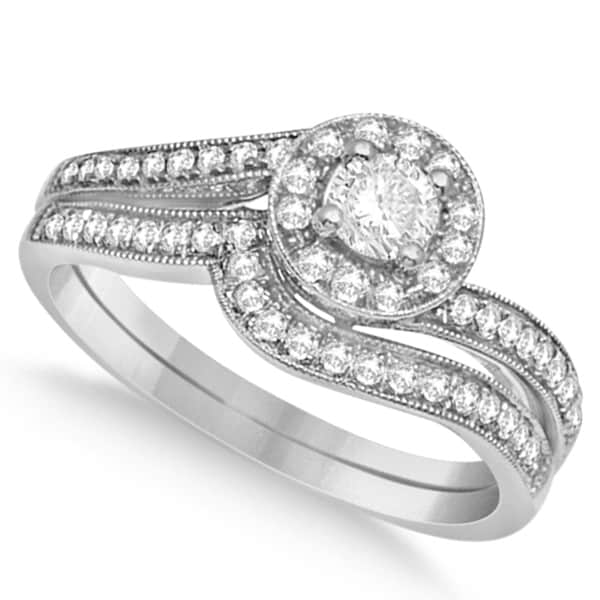 Swirl Diamond Halo Engagement Ring & Wedding Band 14K White Gold 0.52ct
