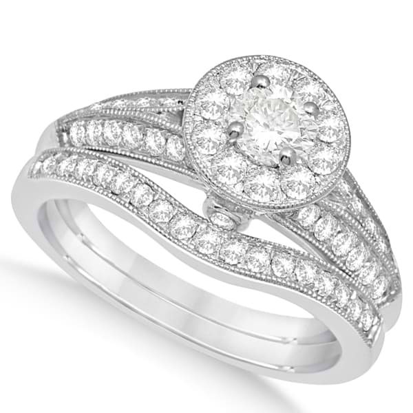 Diamond Halo Bridal Ring Engagement Set Milgrain 14K White Gold 1.03ct