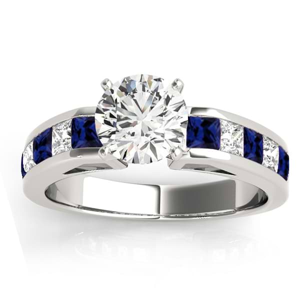 Diamond & Blue Sapphire Accents Engagement Ring 18k White Gold 1.00ct