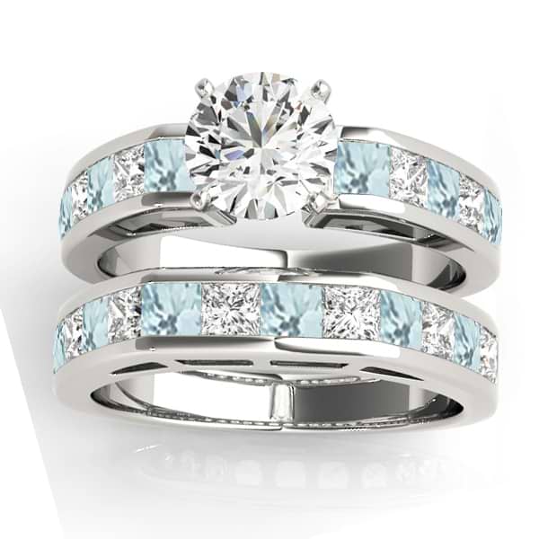 Diamond and Aquamarine Accented Bridal Set 14k White Gold 2.20ct