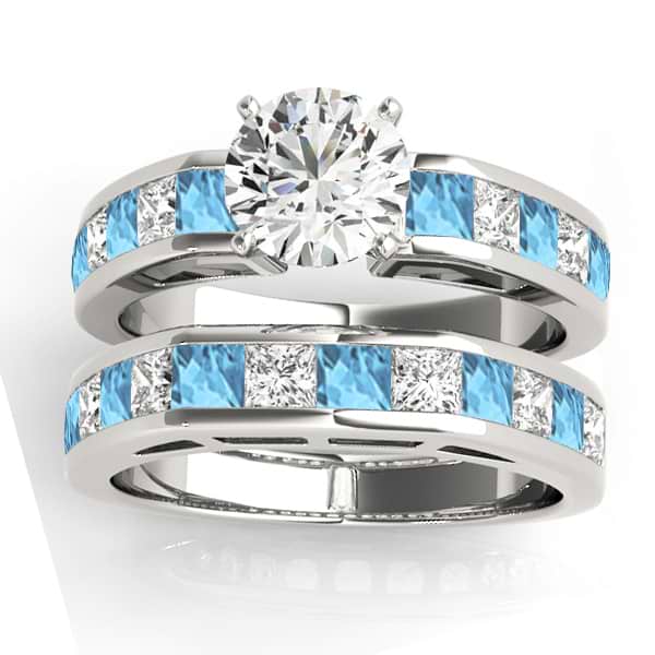 Diamond and Blue Topaz Accented Bridal Set Palladium 2.20ct