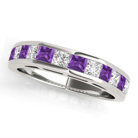 Diamond and Amethyst Accented Wedding Band 14k White Gold 1.20ct