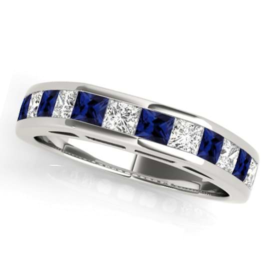 Diamond and Blue Sapphire Accented Wedding Band 14k White Gold 1.20ct