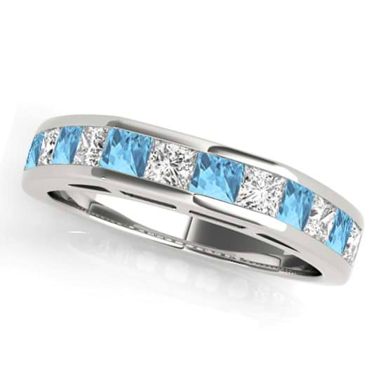 Diamond and Blue Topaz Accented Wedding Band 14k White Gold 1.20ct