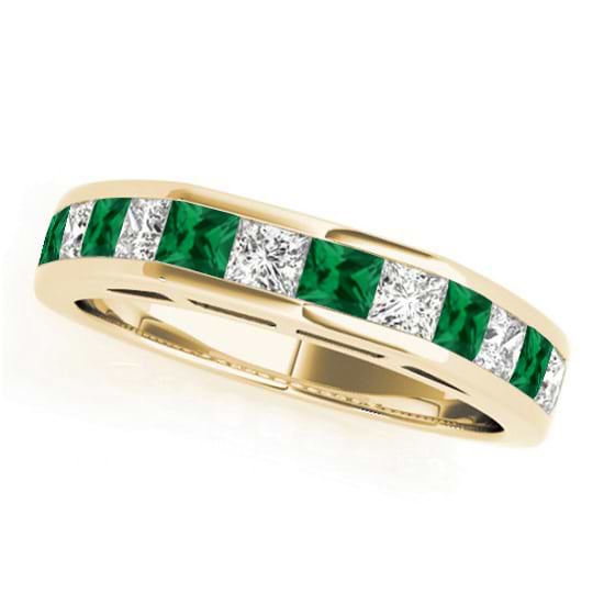 Diamond and Emerald Accented Wedding Band 18k Yellow Gold 1.20ct