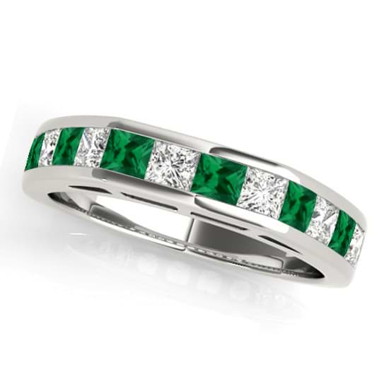 Diamond and Emerald Accented Wedding Band Palladium 1.20ct