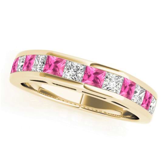 Diamond and Pink Sapphire Accented Wedding Band 14k Yellow Gold 1.20ct